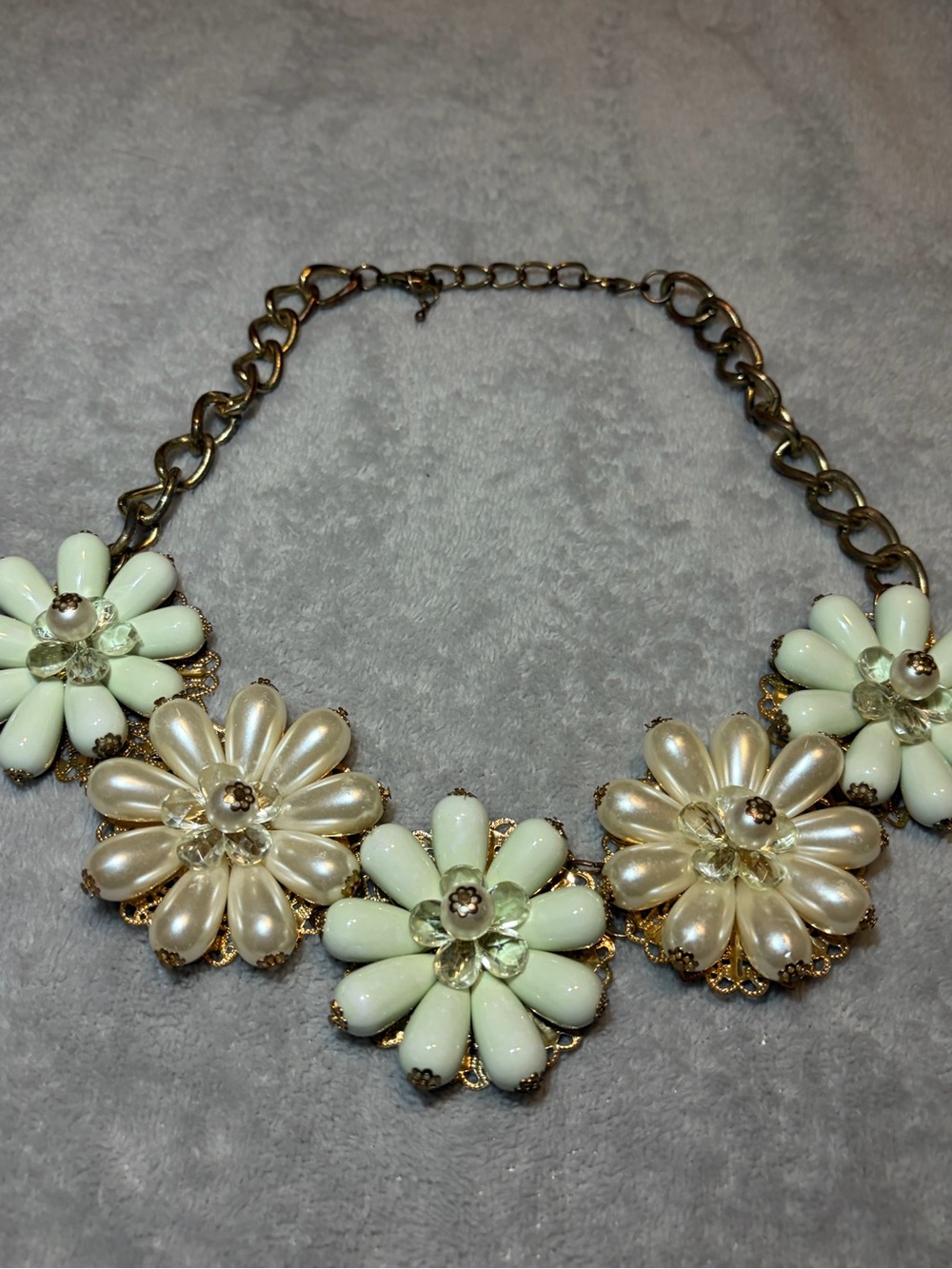 Oversize Mint Green Ivory Faux Pearl Floral Statement Bib Necklace Gold Tone